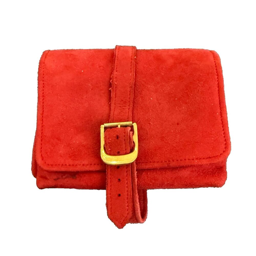 Vintage 70s or 80s Orange Accordion Wallet Suede with Buckle